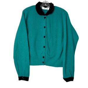 Vintage Robert Scott Wool Angora Cardigan Sweater Womens S Teal Blue Velvet Trim